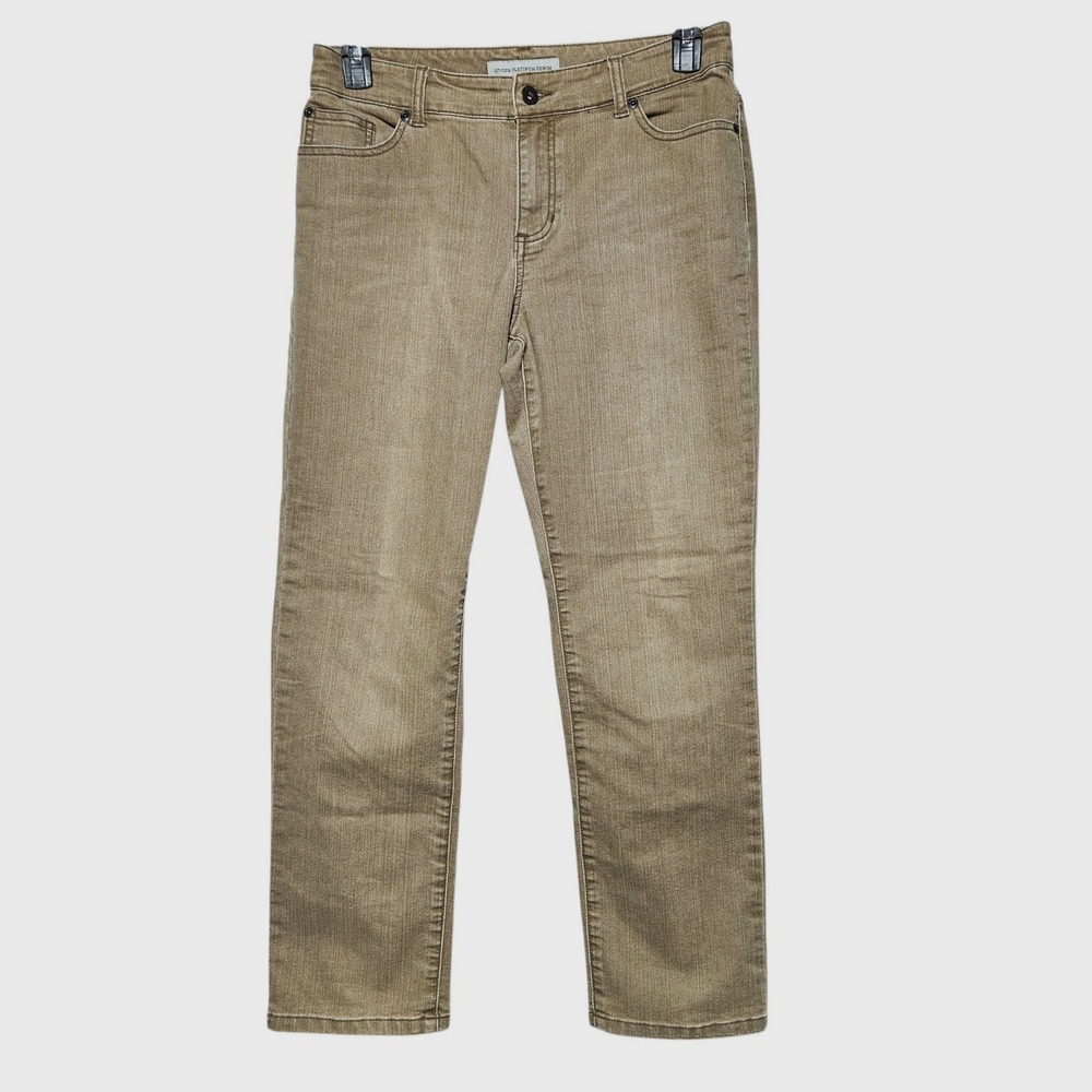 Chico's Platinum Denim Women's Tan Ultimate Fit Slim Leg Jeans 1.5 Short Stretch